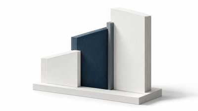 Sculptural navy and ivory paper forms arranged in a precise, balanced structure.