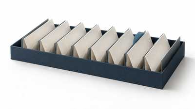 Precisely aligned ivory paper folds in a navy tray.